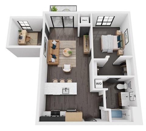 Floor plan for 1 bed, 1 bath, 812 sqft